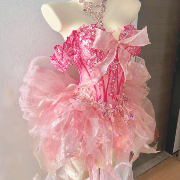 Handmade Princess Dress, Pink Bow, High-Class Party Gown