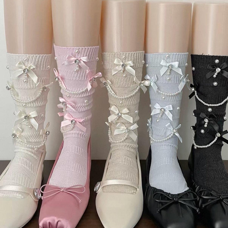 Retro Sweet Style Pearl Chain & Bow Mid-Calf Slouch Socks