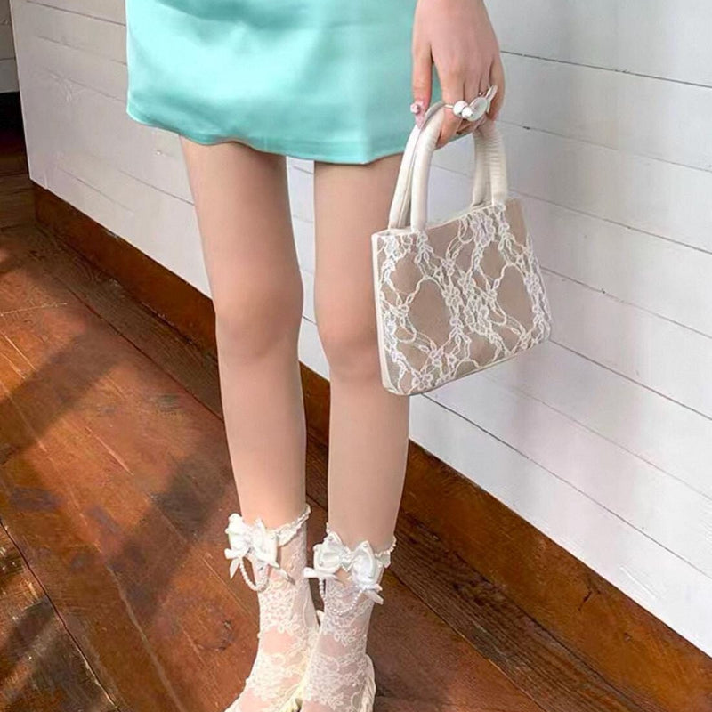 Lolita white mid-calf socks with lace and pearl pendants