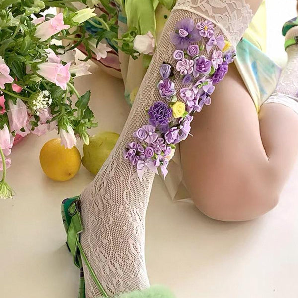 Handmade Floral Applique Socks, French Retro Bowknot Cotton Socks