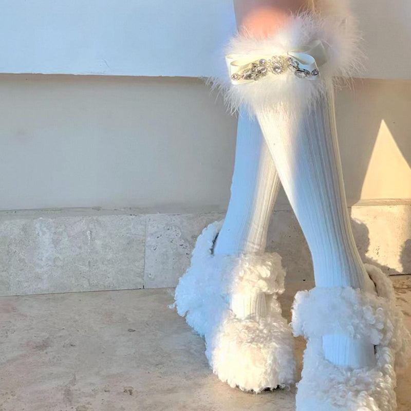 Rhinestone Bow Socks, Fluffy Trim, Mid-Calf Length