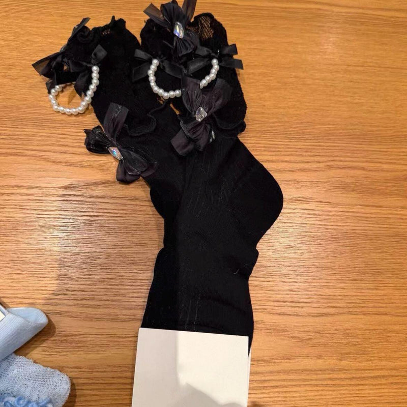 Retro Sweet Style Pearl Chain & Bow Mid-Calf Slouch Socks