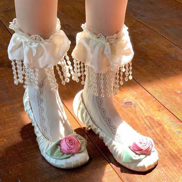 Small niche design, white lace pile socks, women's Japanese pearl tassel lace mid tube socks, Lolita