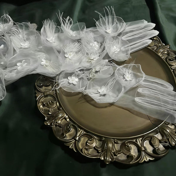 Bridal Party Elegant 3D Floral, Feather, and Mesh Gloves