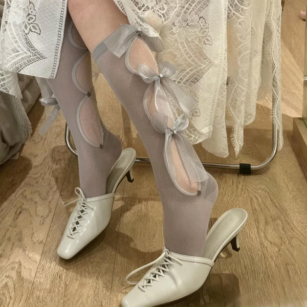 Japanese-Style Lolita Princess Socks: Bowknot Cutout Calf-High Stockings