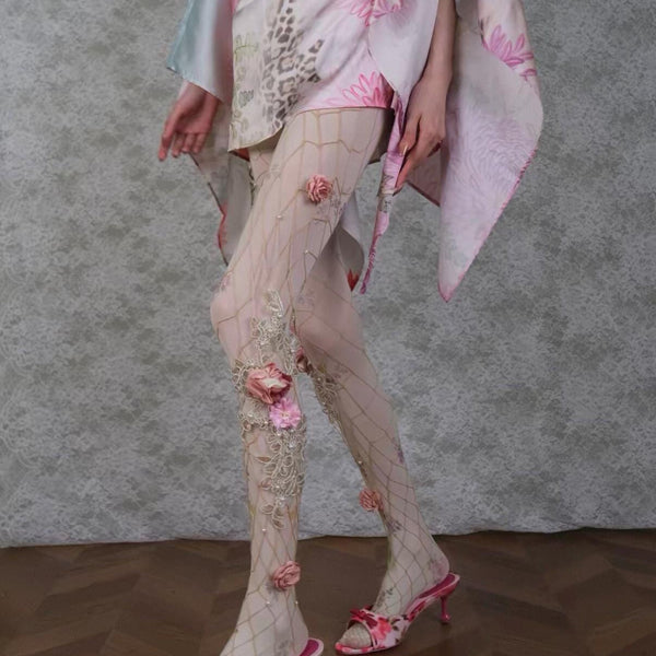 3D Flower Pearl Design Tights