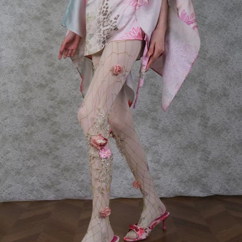 3D Flower Pearl Design Tights