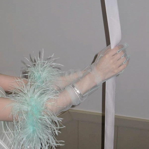Feather Tassel Gauze Gloves, Ethereal Bridal Styling Accessory