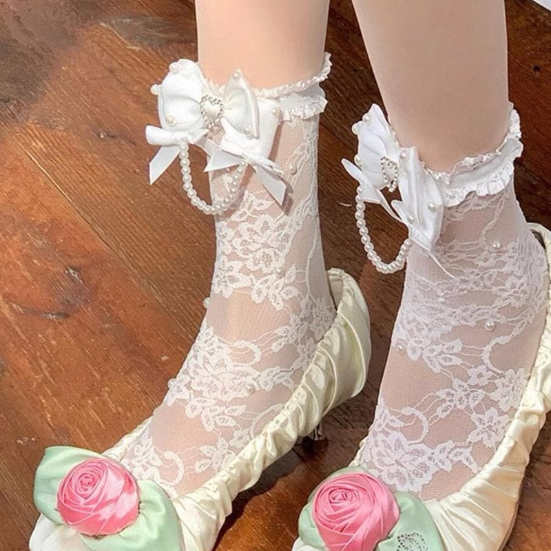 Lolita white mid-calf socks with lace and pearl pendants