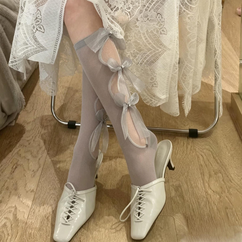Japanese-Style Lolita Princess Socks: Bowknot Cutout Calf-High Stockings