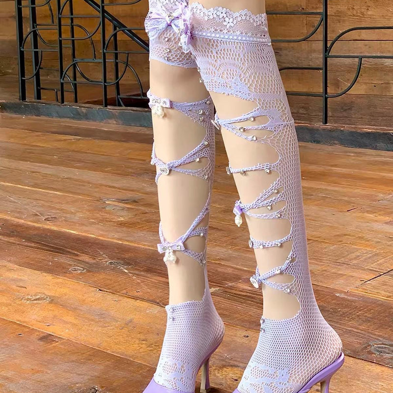 Niche design Japanese mesh stockings, long stockings with diamond studded bow, knee high JK socks