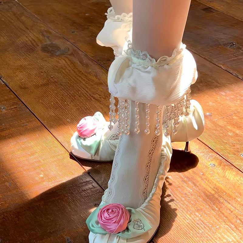 Small niche design, white lace pile socks, women's Japanese pearl tassel lace mid tube socks, Lolita