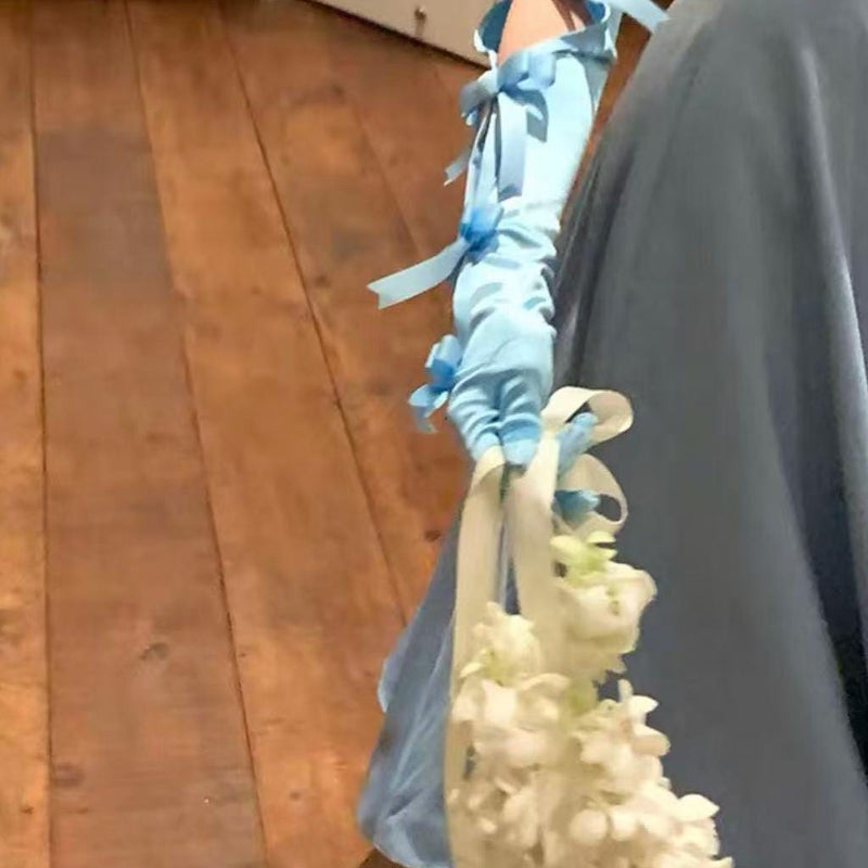 Sexy Vintage Court-Style Satin Long Gloves — Light Blue with Bow Accent (Bridal/Courtly Style)