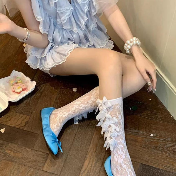 Original design butterfly bow mesh stockings for women, pure and sweet Lolita style, hollow lace mid-calf socks.Gift