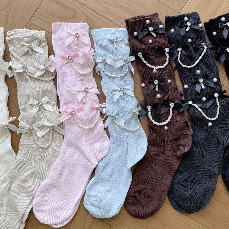 Retro Sweet Style Pearl Chain & Bow Mid-Calf Slouch Socks