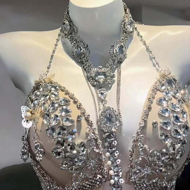 Hand-Sewn Diamond Performance Dress: European Style Rhinestone Bodice