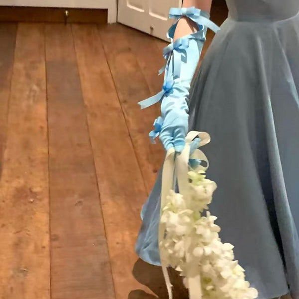 Sexy Vintage Court-Style Satin Long Gloves — Light Blue with Bow Accent (Bridal/Courtly Style)