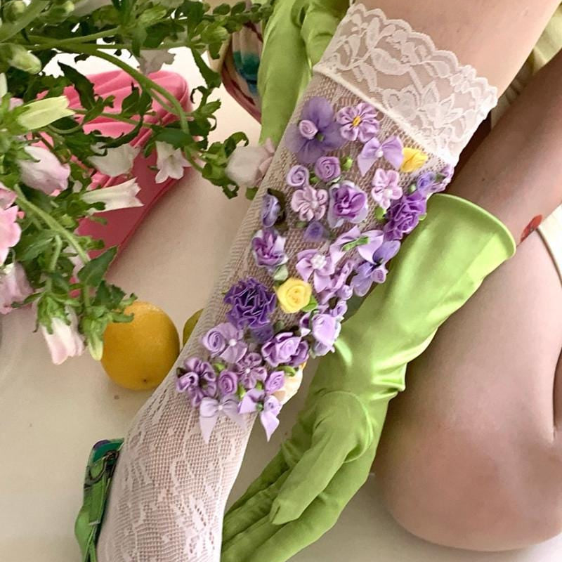 Handmade Floral Applique Socks, French Retro Bowknot Cotton Socks