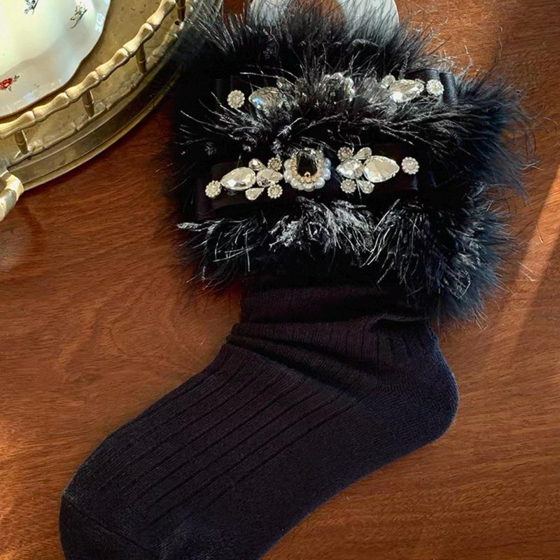 Rhinestone Bow Socks, Fluffy Trim, Mid-Calf Length