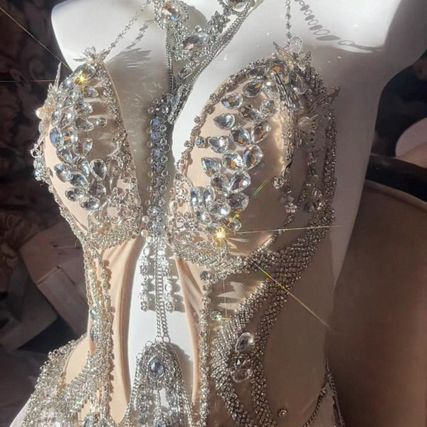 Hand-Sewn Diamond Performance Dress: European Style Rhinestone Bodice