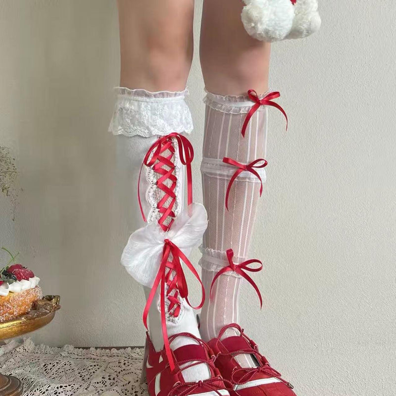 Christmas Outfit: Girly Red Lace Mid-Calf Scrunch Socks with Ribbon Bows
