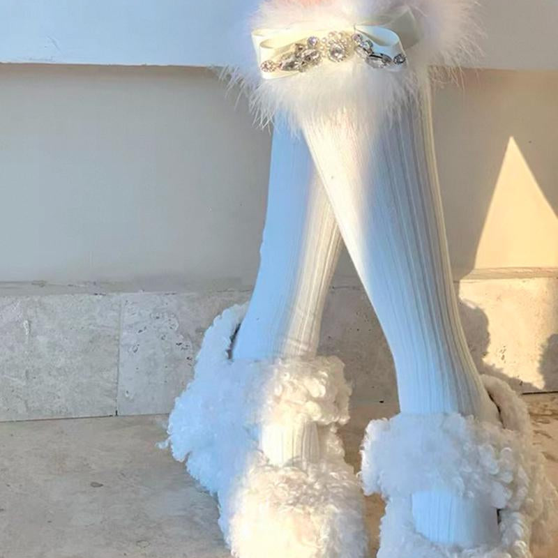 Rhinestone Bow Socks, Fluffy Trim, Mid-Calf Length