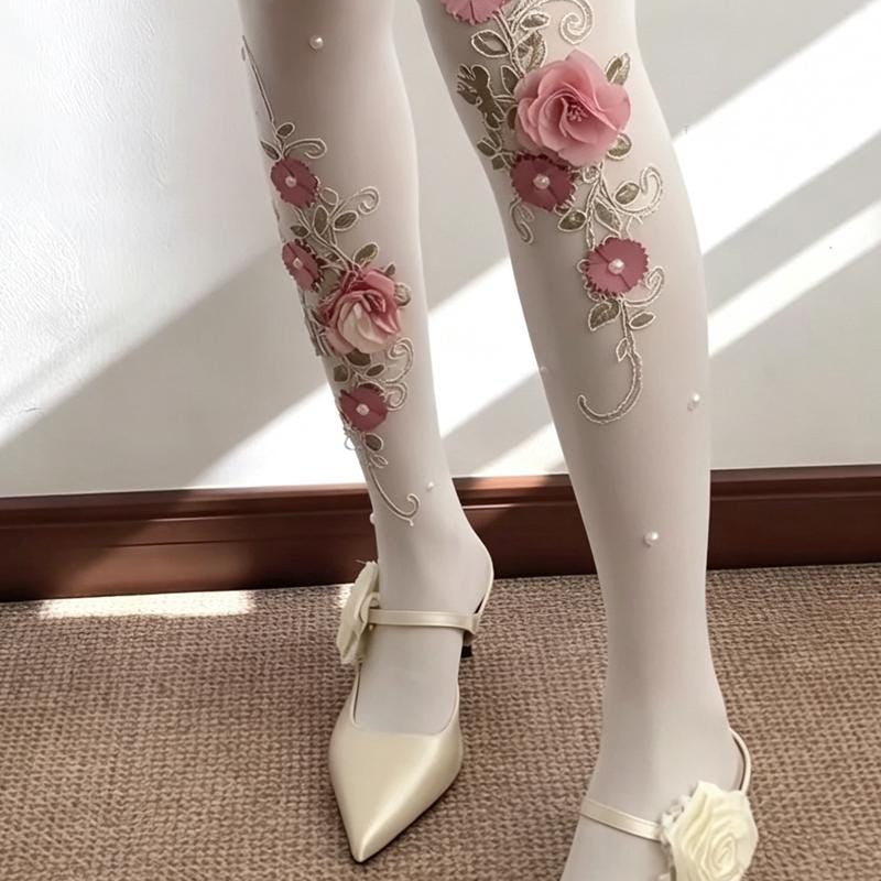 3D Flower Pearl Design Tights