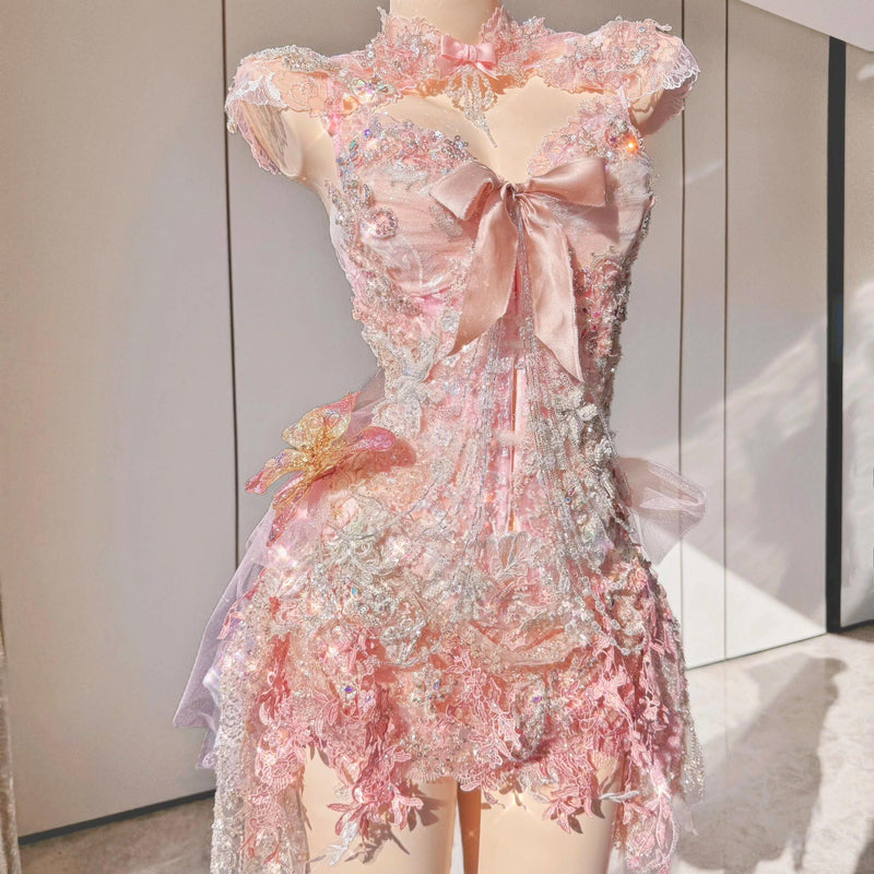 Handmade Princess Dress, Pink Bow, High-Class Party Gown
