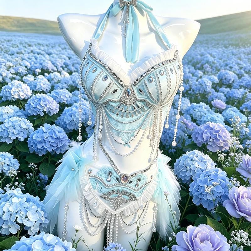 Sexy DJ-Style Electronic Music Handmade Halter Bikini with Rhinestones