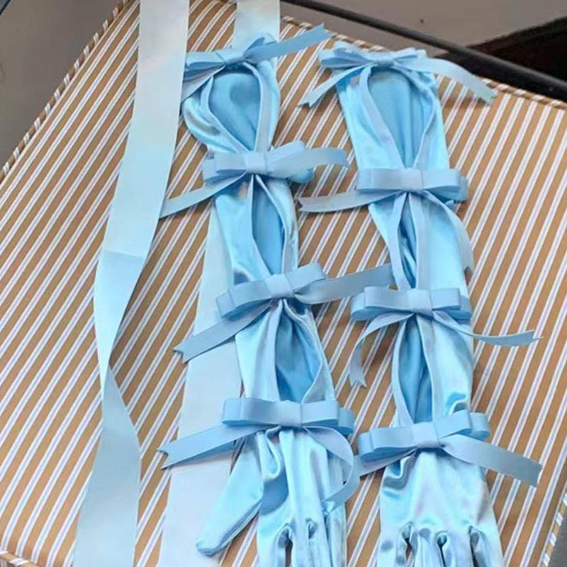 Sexy Vintage Court-Style Satin Long Gloves — Light Blue with Bow Accent (Bridal/Courtly Style)