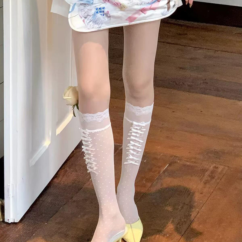Handmade White Lace Polka Dot Calf Socks with Bow Detail