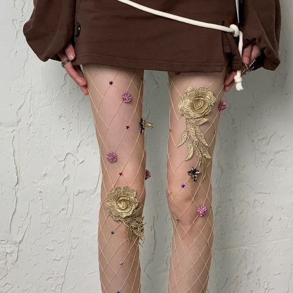 3D Floral Fishnet Stockings, Pearl Embellished Pantyhose