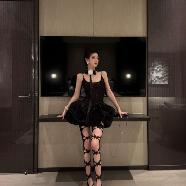 Niche design 3D pearl butterfly lace cute and sexy Lolita mid-high thigh stockings