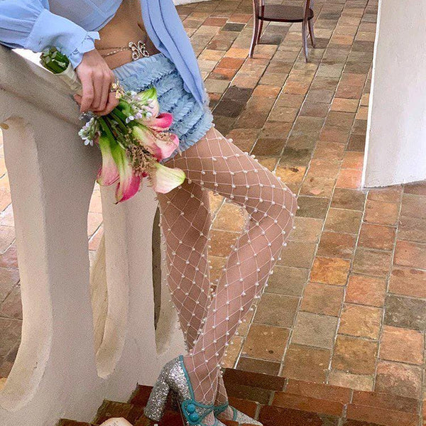 Hand-stitched Pearl Fishnet Tights, Bowknot Stockings