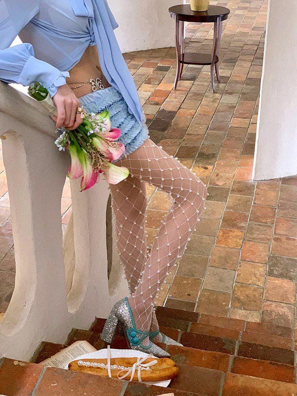 Hand-stitched Pearl Fishnet Tights, Bowknot Stockings