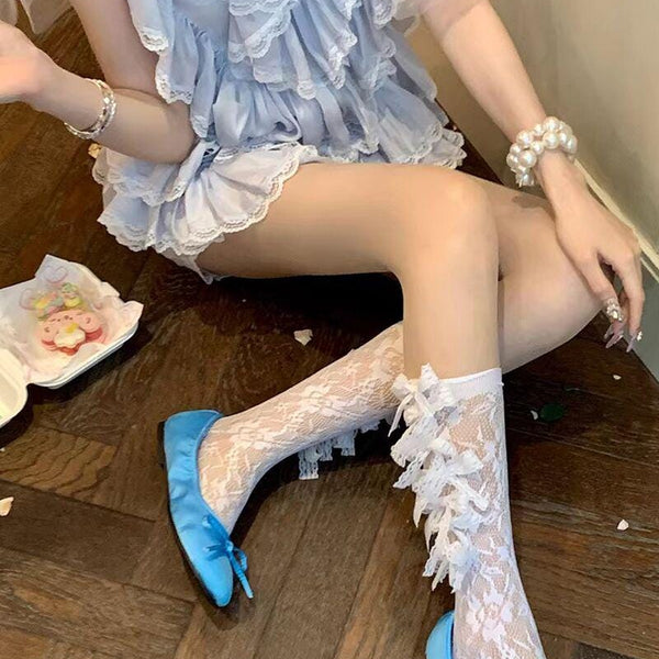 Original design butterfly bow mesh stockings for women, pure and sweet Lolita style, hollow lace mid-calf socks.Gift