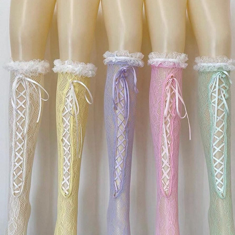 Lolita over-the-knee socks with lace trim and front lacing