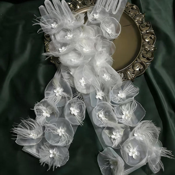 Bridal Party Elegant 3D Floral, Feather, and Mesh Gloves