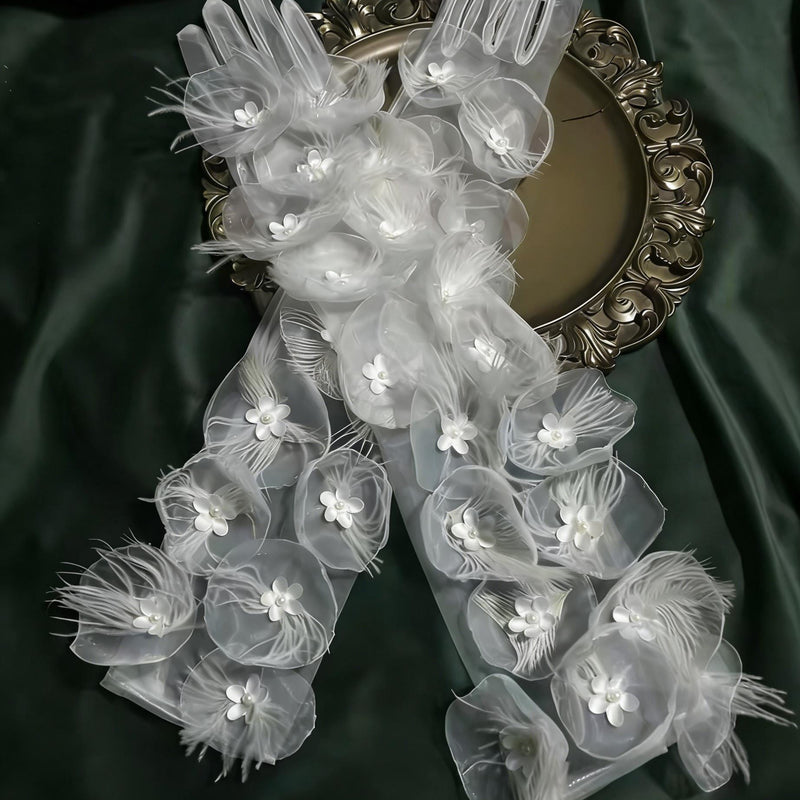 Bridal Party Elegant 3D Floral, Feather, and Mesh Gloves