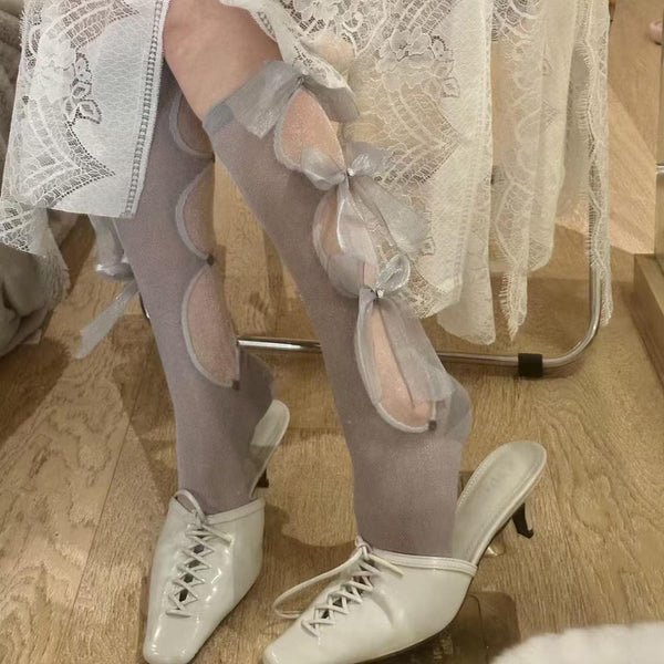 Japanese-Style Lolita Princess Socks: Bowknot Cutout Calf-High Stockings