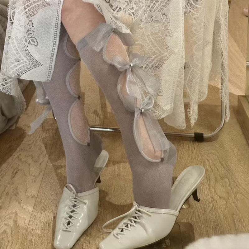 Japanese-Style Lolita Princess Socks: Bowknot Cutout Calf-High Stockings