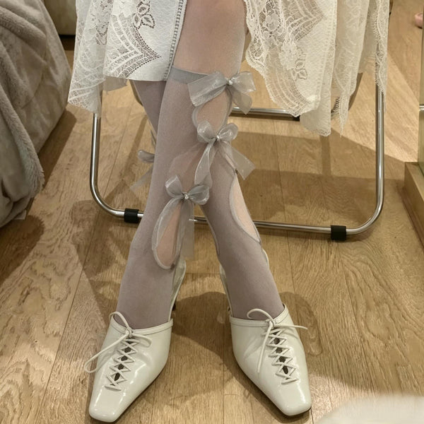 Japanese-Style Lolita Princess Socks: Bowknot Cutout Calf-High Stockings