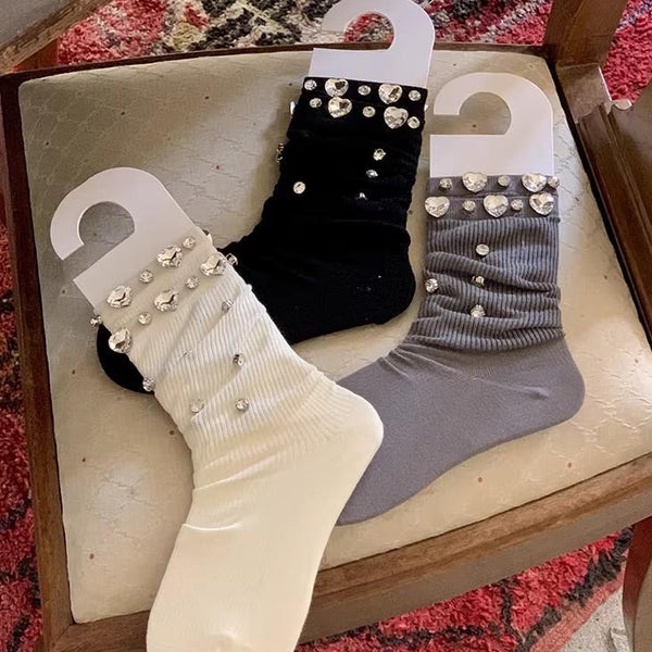 Handmade, original, luxurious, and exaggerated rhinestone-embellished sheer vertical-striped ballet calf-length socks.Retro gifts