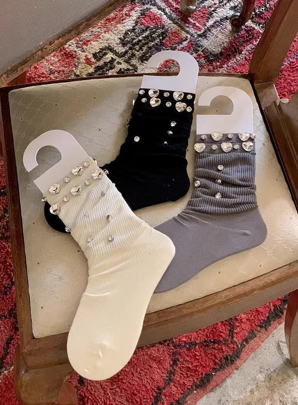 Handmade, original, luxurious, and exaggerated rhinestone-embellished sheer vertical-striped ballet calf-length socks.Retro gifts