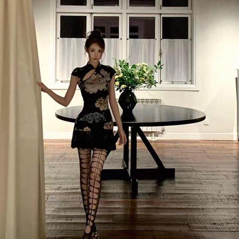 Women's Black Cut-Out Fishnet Tights (Y2K Style)