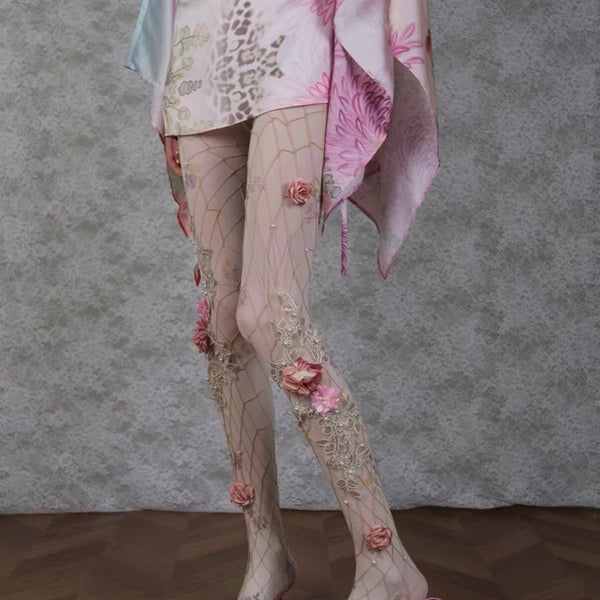 3D Flower Pearl Design Tights