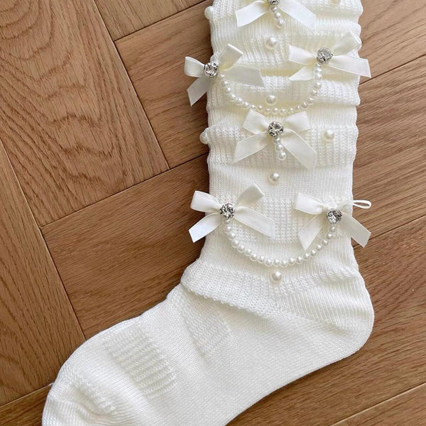 Retro Sweet Style Pearl Chain & Bow Mid-Calf Slouch Socks
