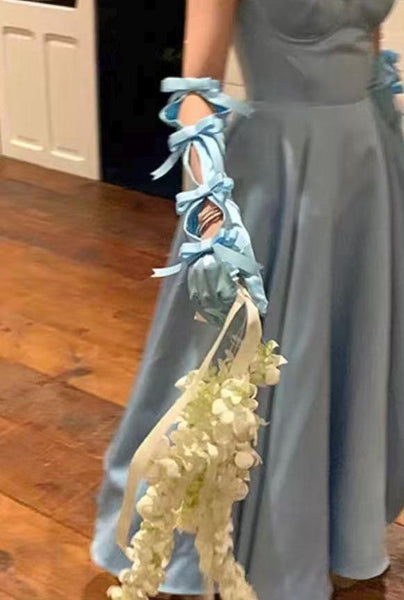 Sexy Vintage Court-Style Satin Long Gloves — Light Blue with Bow Accent (Bridal/Courtly Style)