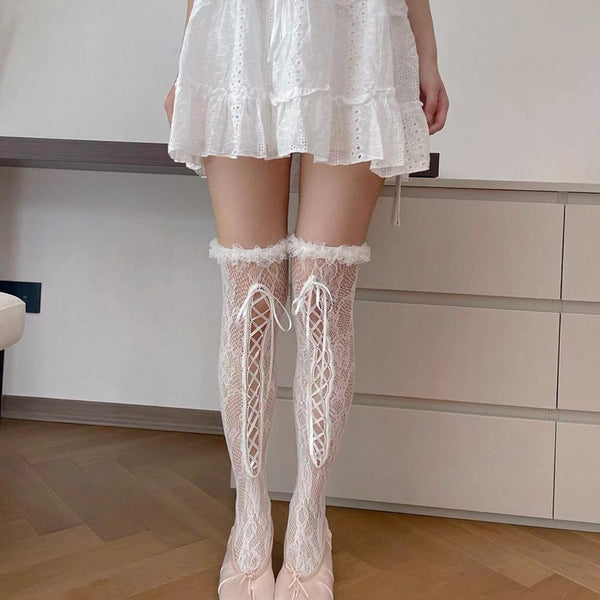 Lolita over-the-knee socks with lace trim and front lacing
