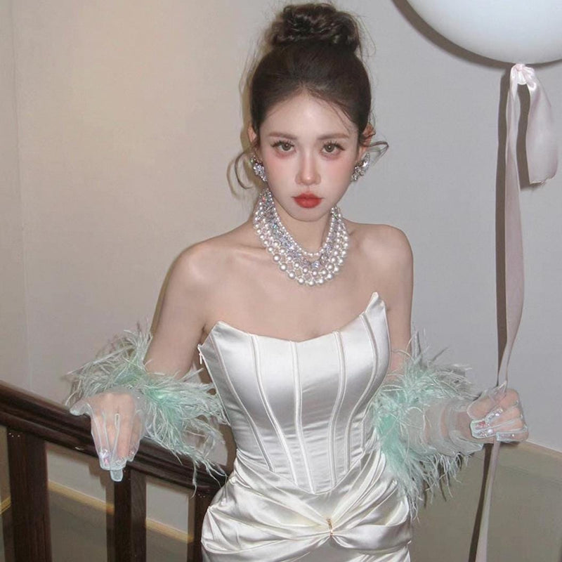 Feather Tassel Gauze Gloves, Ethereal Bridal Styling Accessory